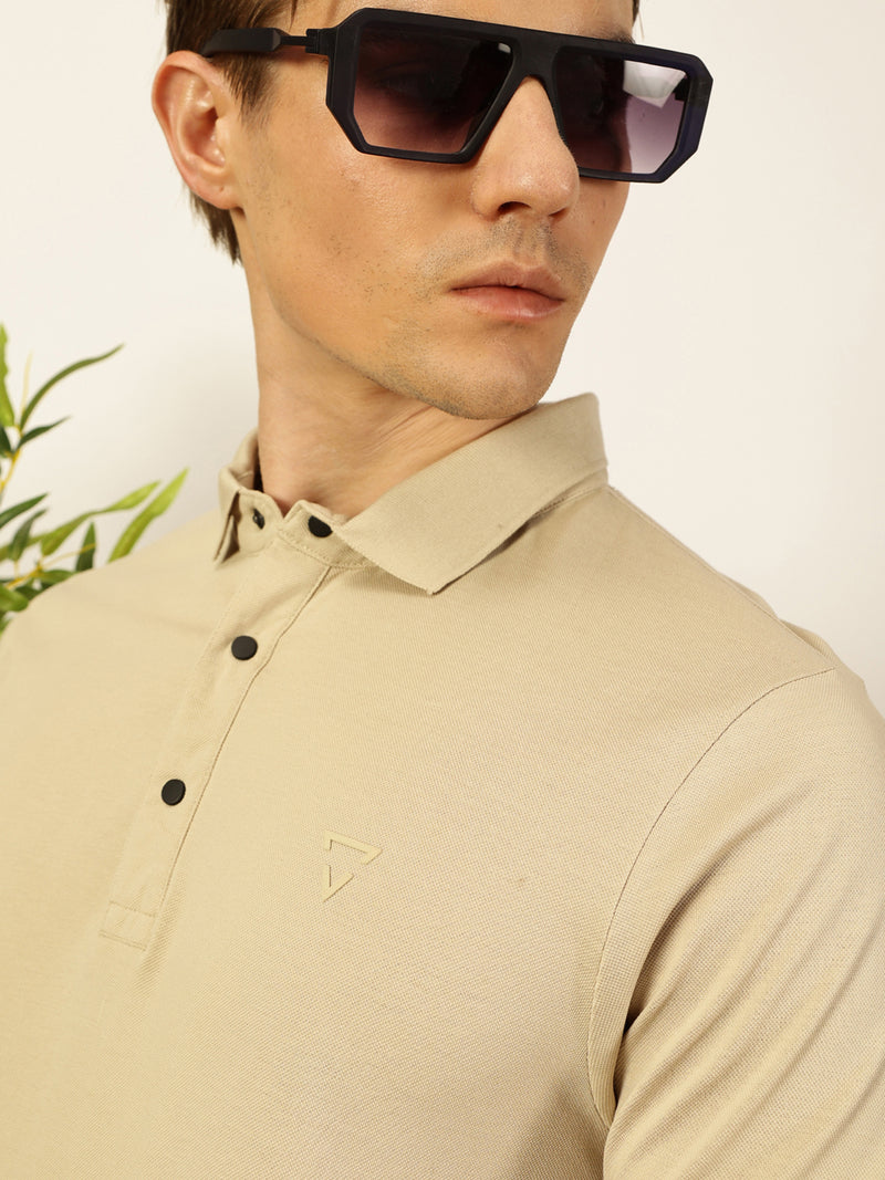 Thomas Scott Men Cream Solid Polo Collar Cotton T-shirt