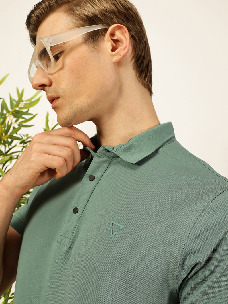 Thomas Scott Men Teal Solid Polo Collar Cotton T-shirt