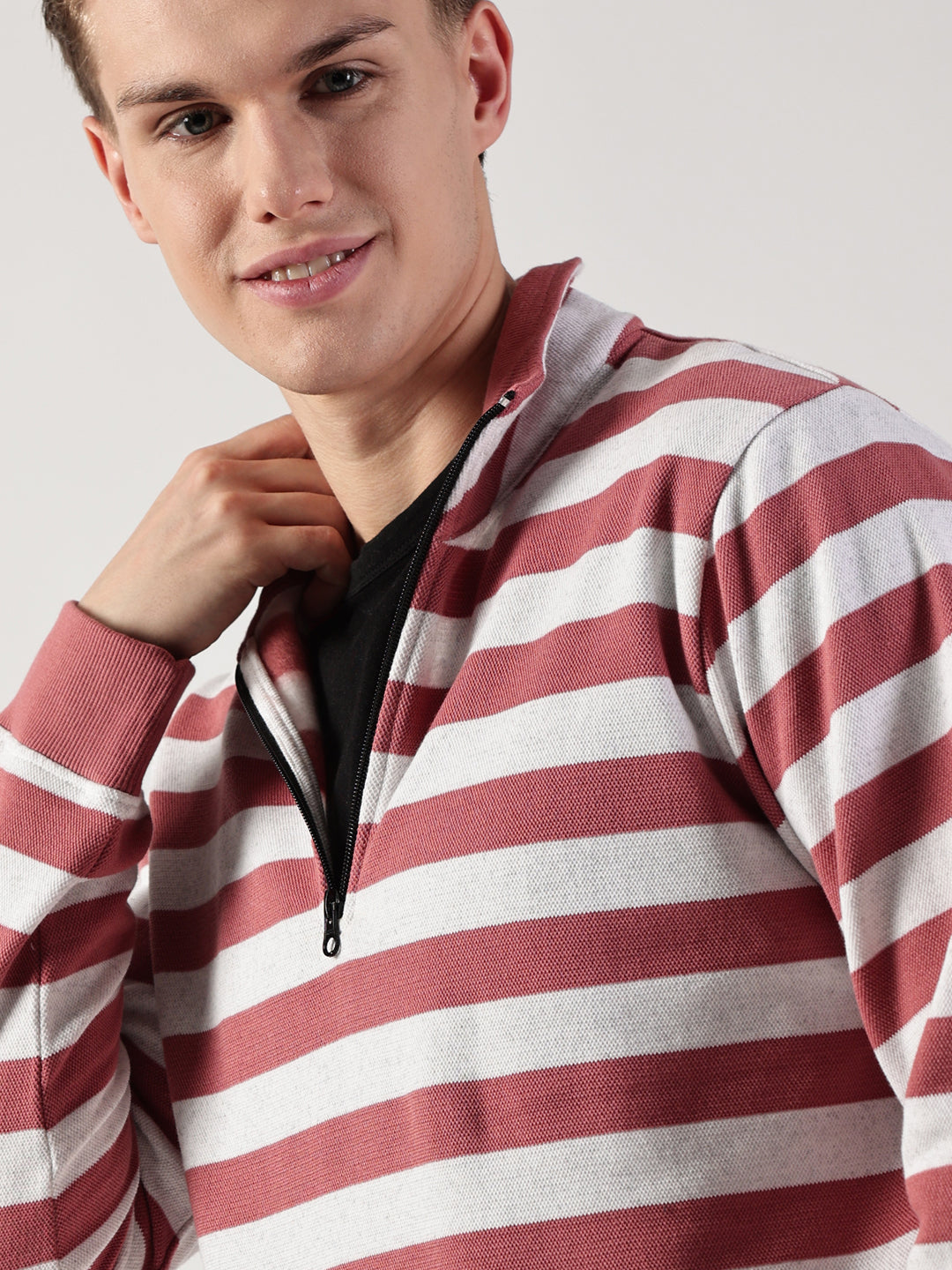 Pink Striped High Neck Tshirt For Men