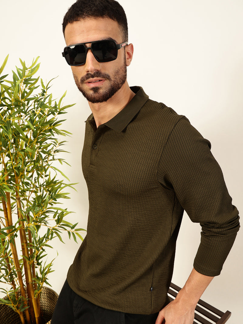 Thomas Scott Men Smart Self Design Polo Full Sleeves T-shirt
