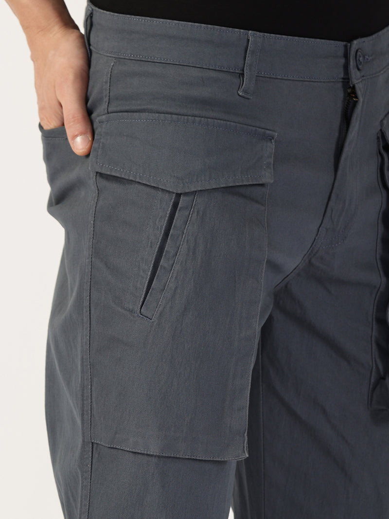 Thomas Scott Men Mid Blue Regular Fit Cargos Cotton Trousers