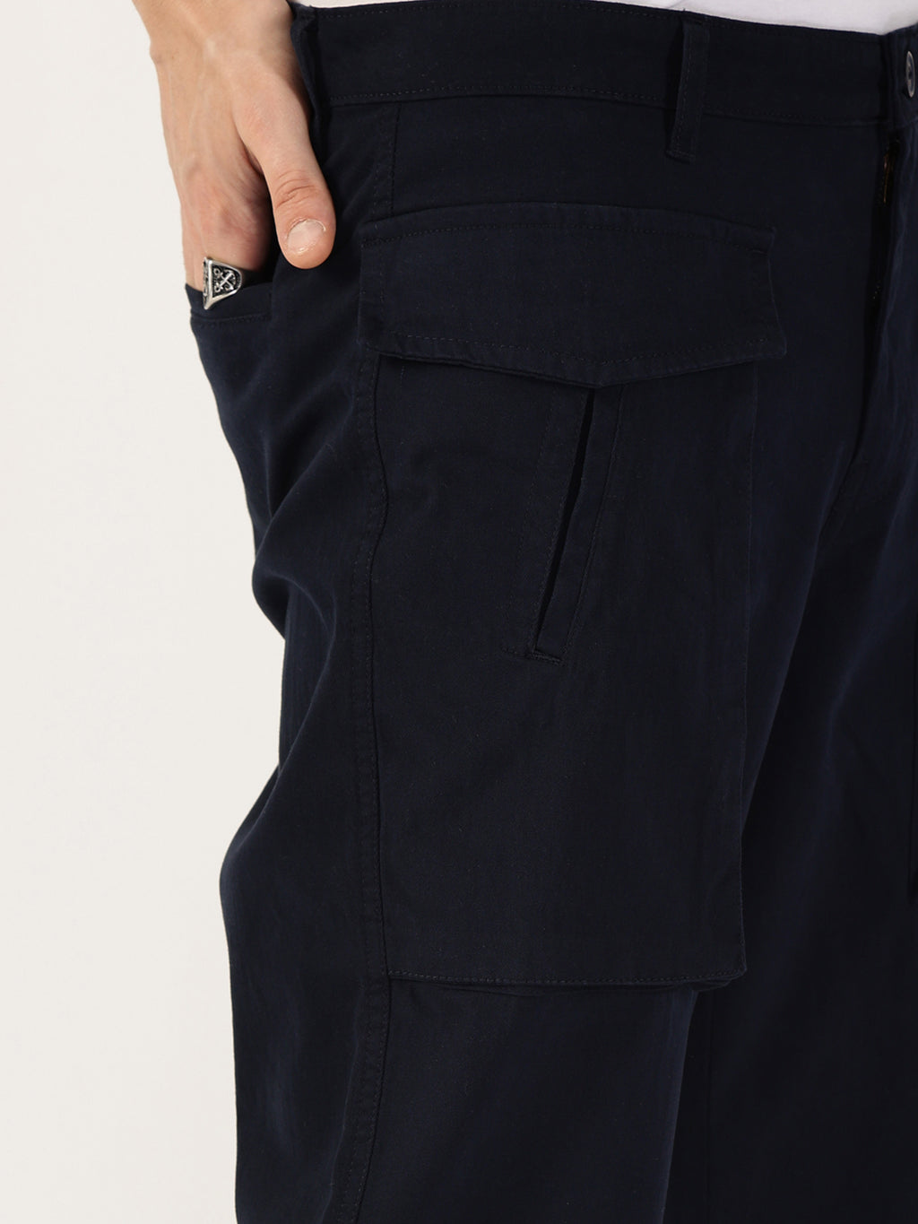 Thomas Scott Men Navy Regular Fit Cargos Cotton Trousers