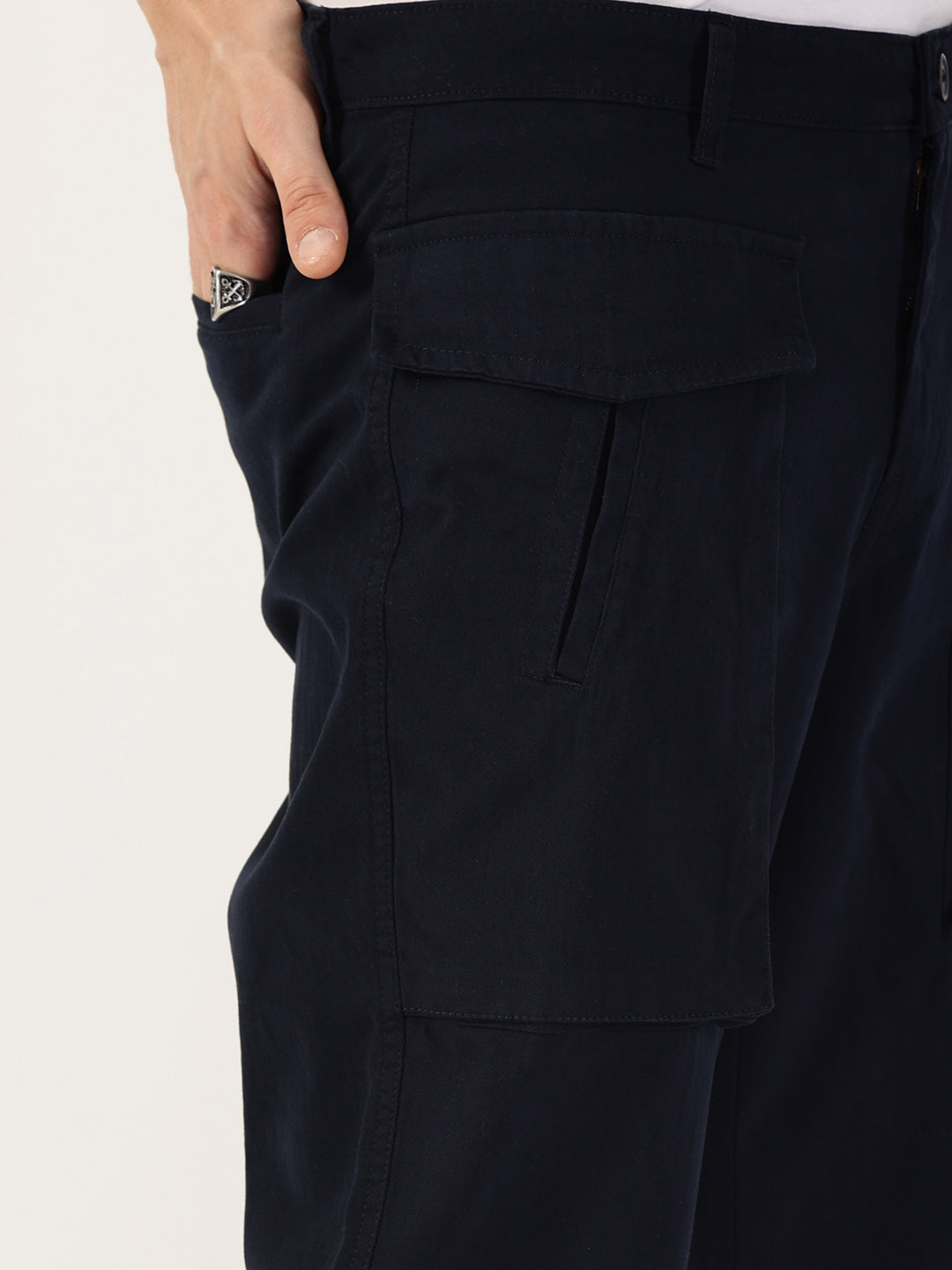 Thomas Scott Men Navy Regular Fit Cargos Cotton Trousers