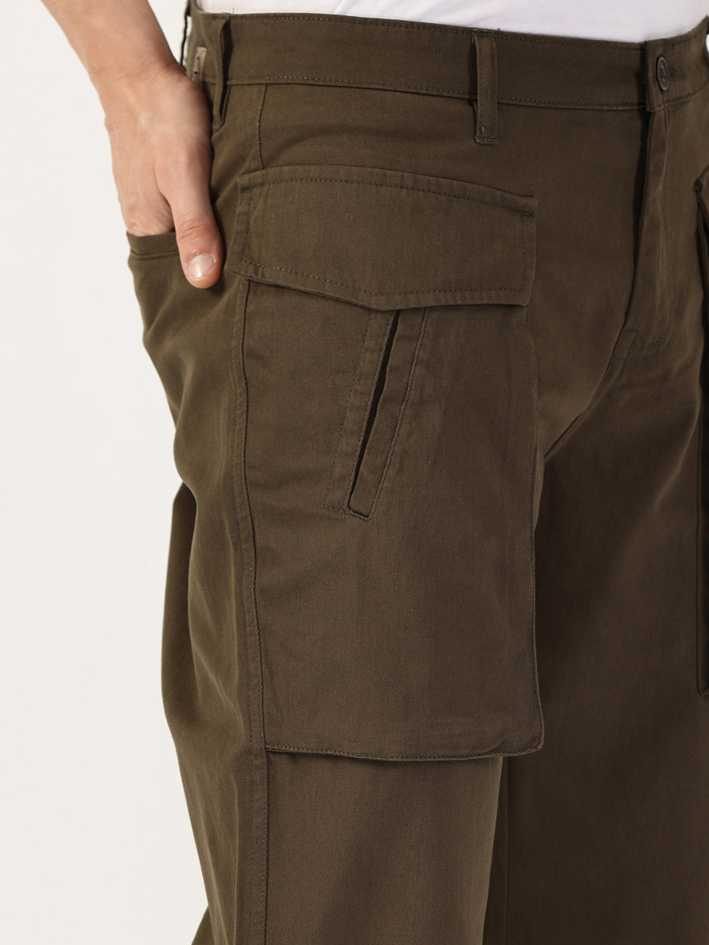 Thomas Scott Men Mehandi Regular Fit Cargos Cotton Trousers