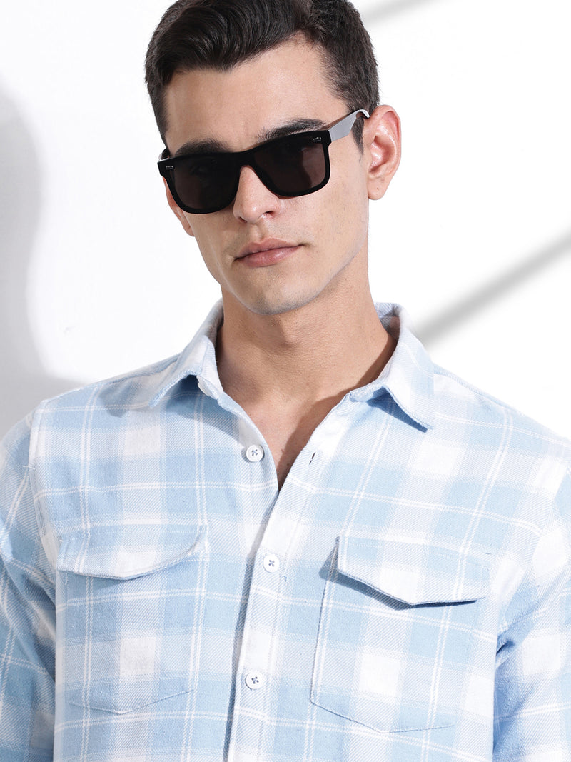 Thomas Scott Men Blue Regular Fit Long Sleeves Windowpane Checks Casual Shirt