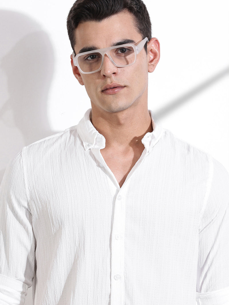 Thomas Scott Men White Slim Fit Long Sleeves Textured Casual Shirt