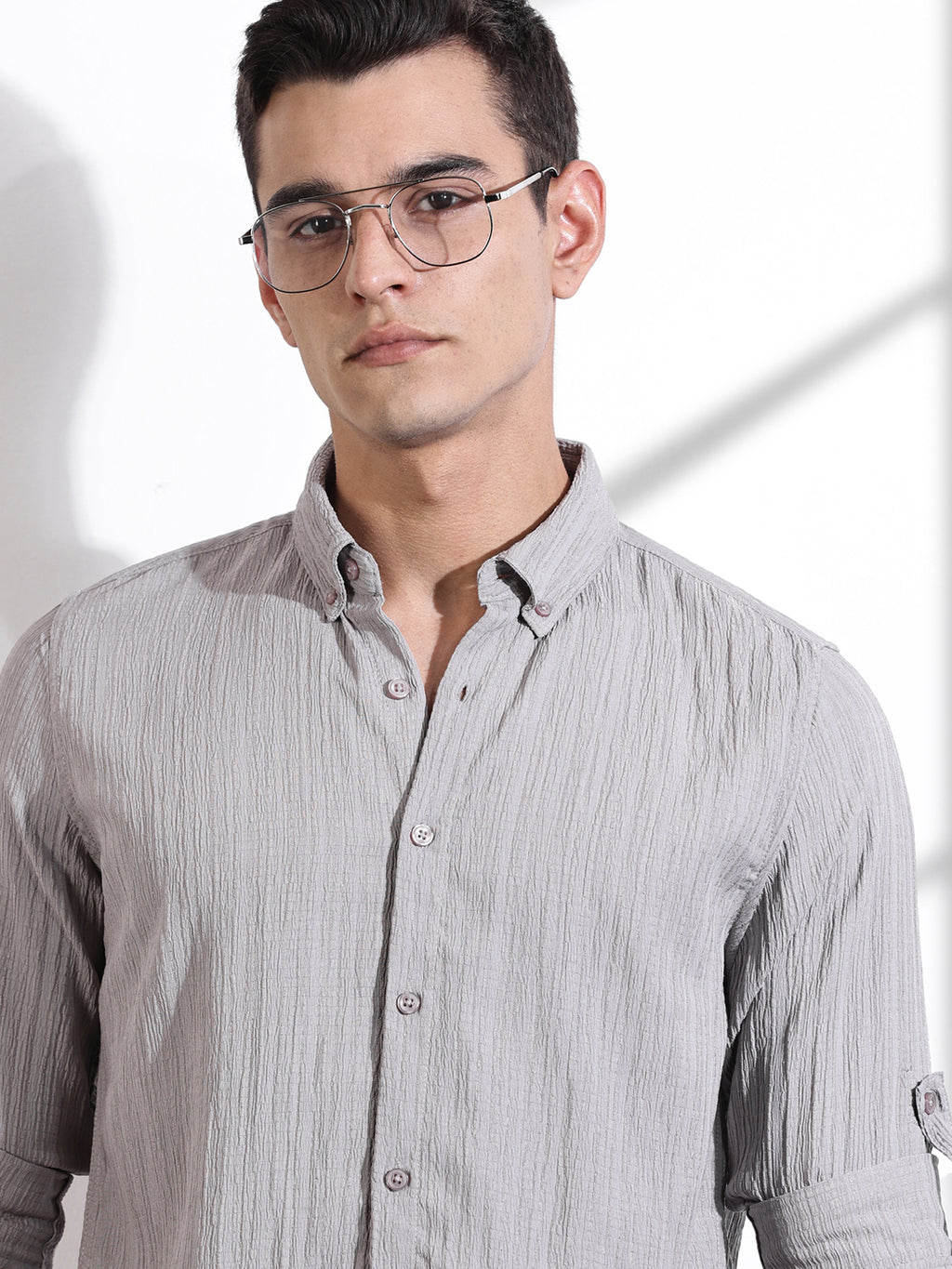 Thomas Scott Men Grey Slim Fit Long Sleeves Textured Casual Shirt
