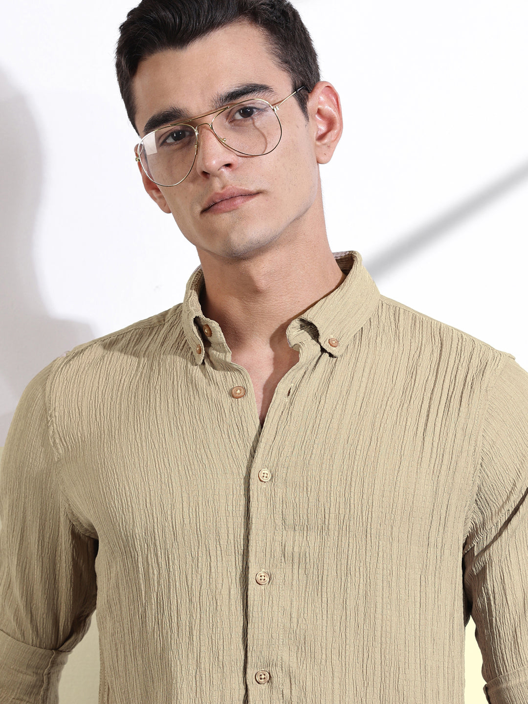 Thomas Scott Men Beige Slim Fit Long Sleeves Textured Casual Shirt
