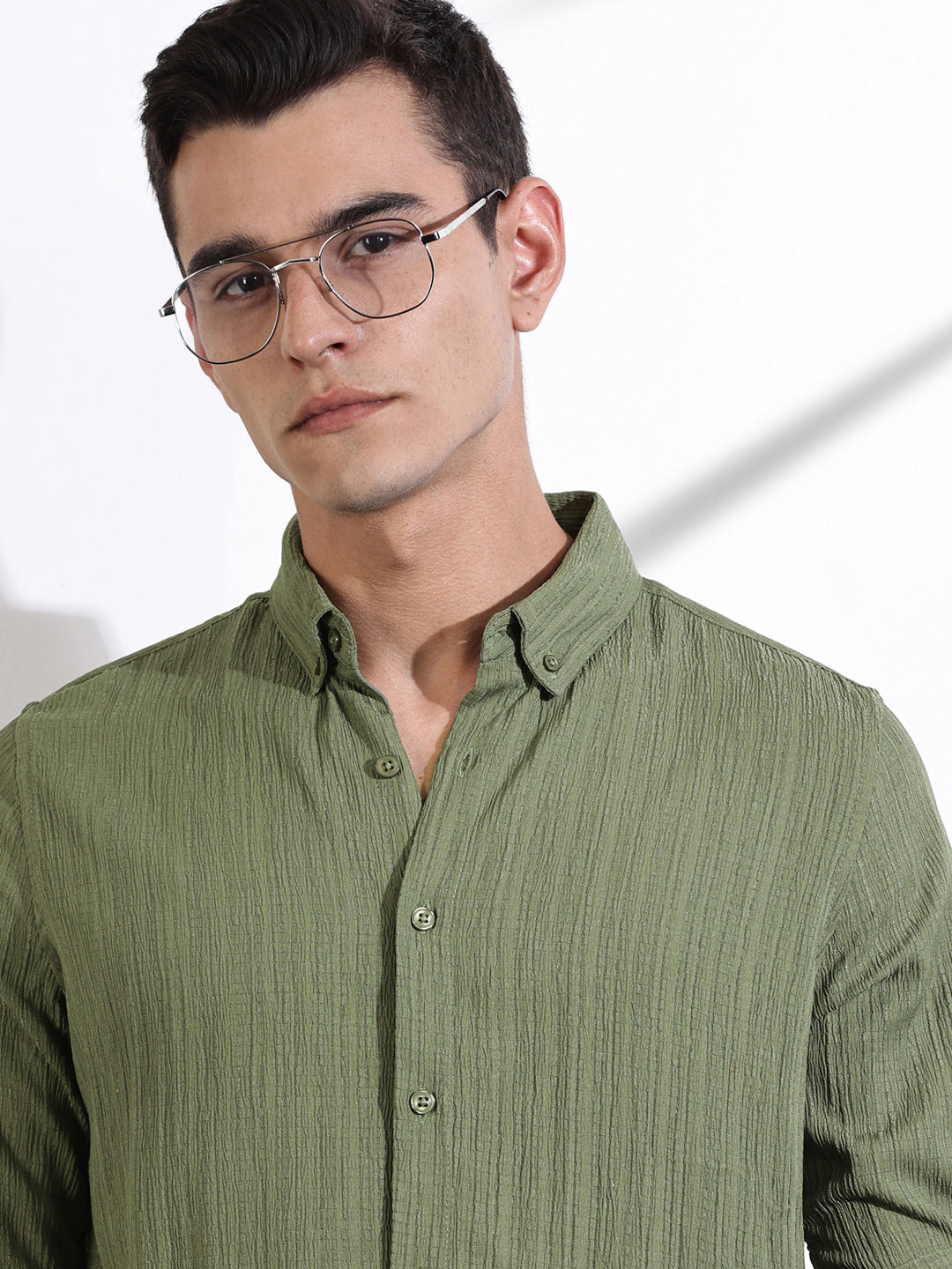 Thomas Scott Men Olive Slim Fit Long Sleeves Textured Casual Shirt
