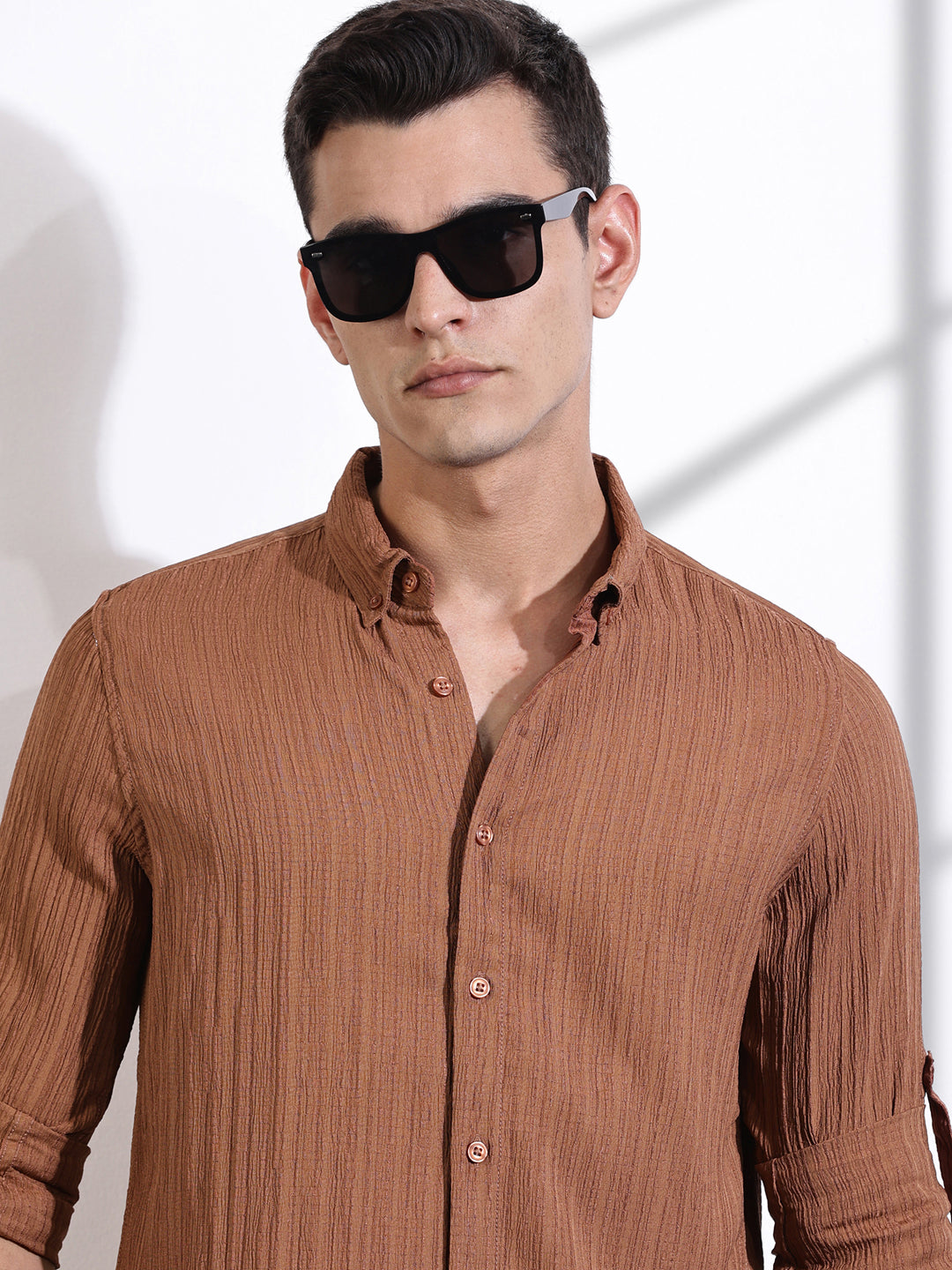 Thomas Scott Men Brown Slim Fit Long Sleeves Textured Casual Shirt