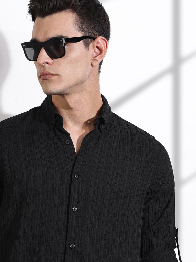 Thomas Scott Men Black Slim Fit Long Sleeves Textured Casual Shirt