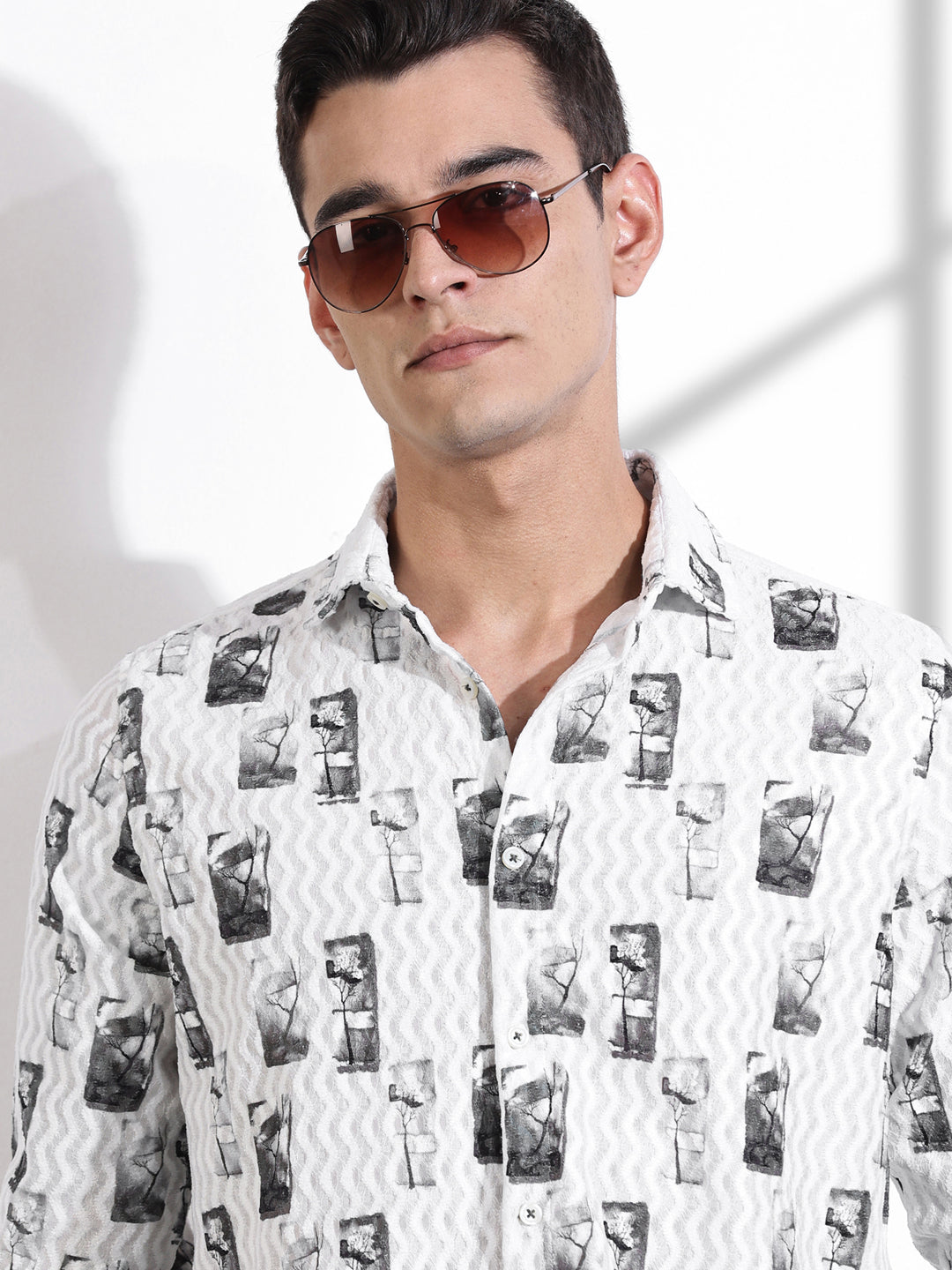Thomas Scott Men Olive Slim Fit Long Sleeves Abstract Printed Casual Shirt