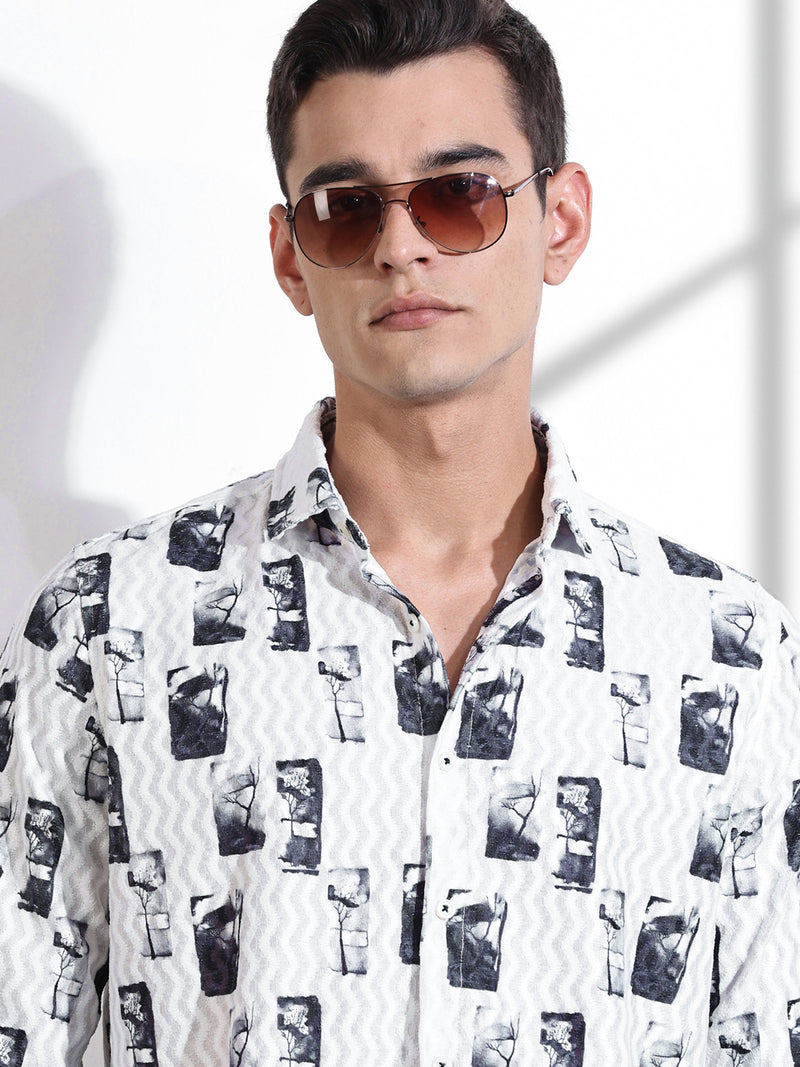 Thomas Scott Men Grey Slim Fit Long Sleeves Abstract Printed Casual Shirt