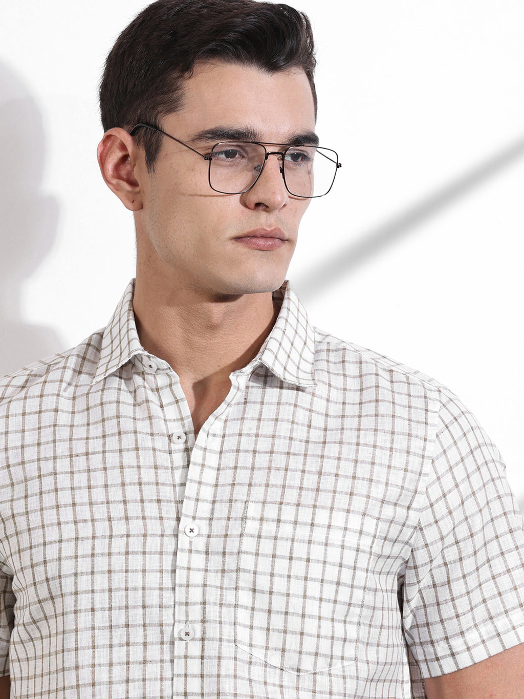 Thomas Scott Men Brown Slim Fit Gingham Checks Linen Casual Shirt