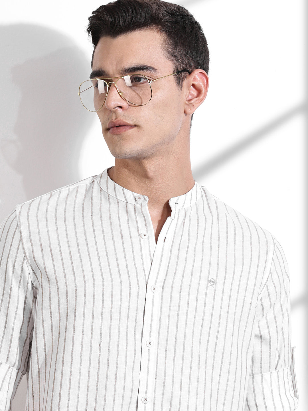 Thomas Scott Men Brown Slim Fit Vertical Stripes Linen Casual Shirt