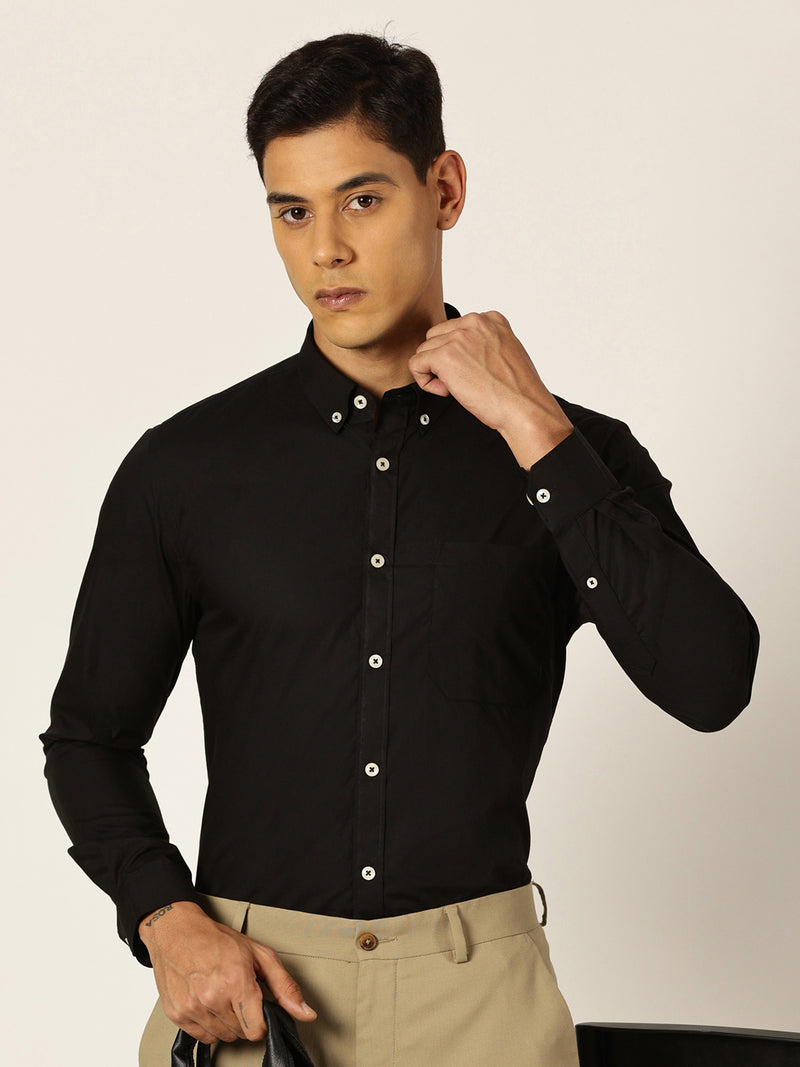 Thomas Scott Men Black Slim Fit Long Sleeves Solid Cotton Formal Shirt