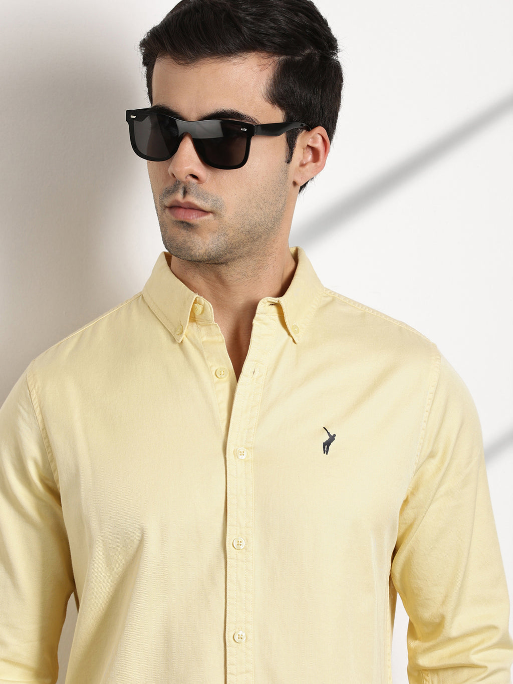 Thomas Scott Men Yellow Button Down Collar Slim Fit Solid Cotton Casual Shirt