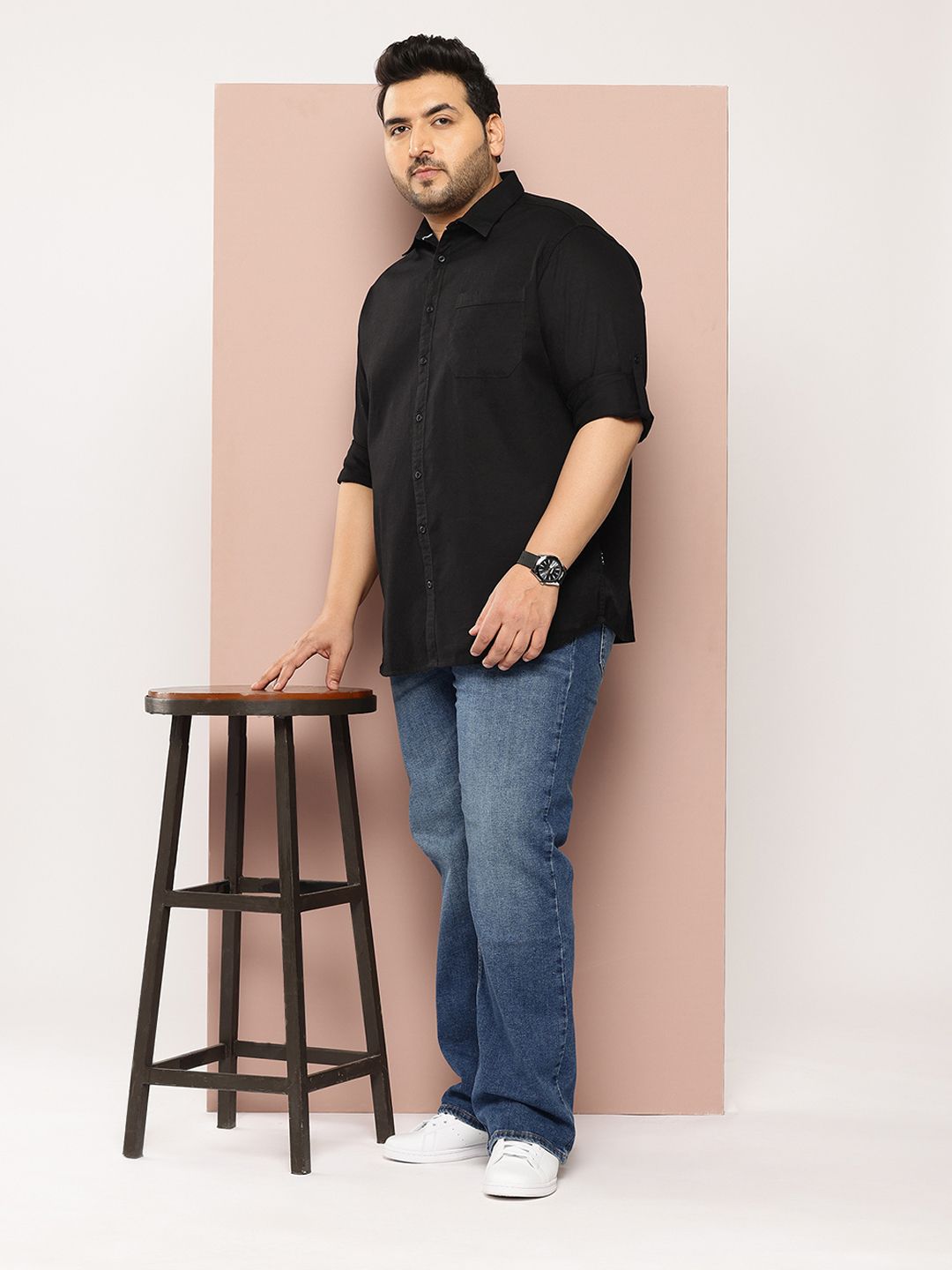 Black Plus Size Regular Fit Long Sleeves Solid Cotton Casual Shirt