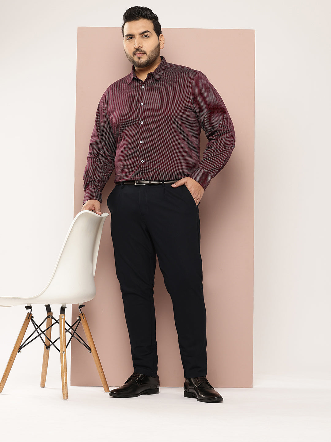Thomas Scott Men Maroon Plus Size Regular Fit Long Sleeves Micro Ditsy Printed Formal Shirt