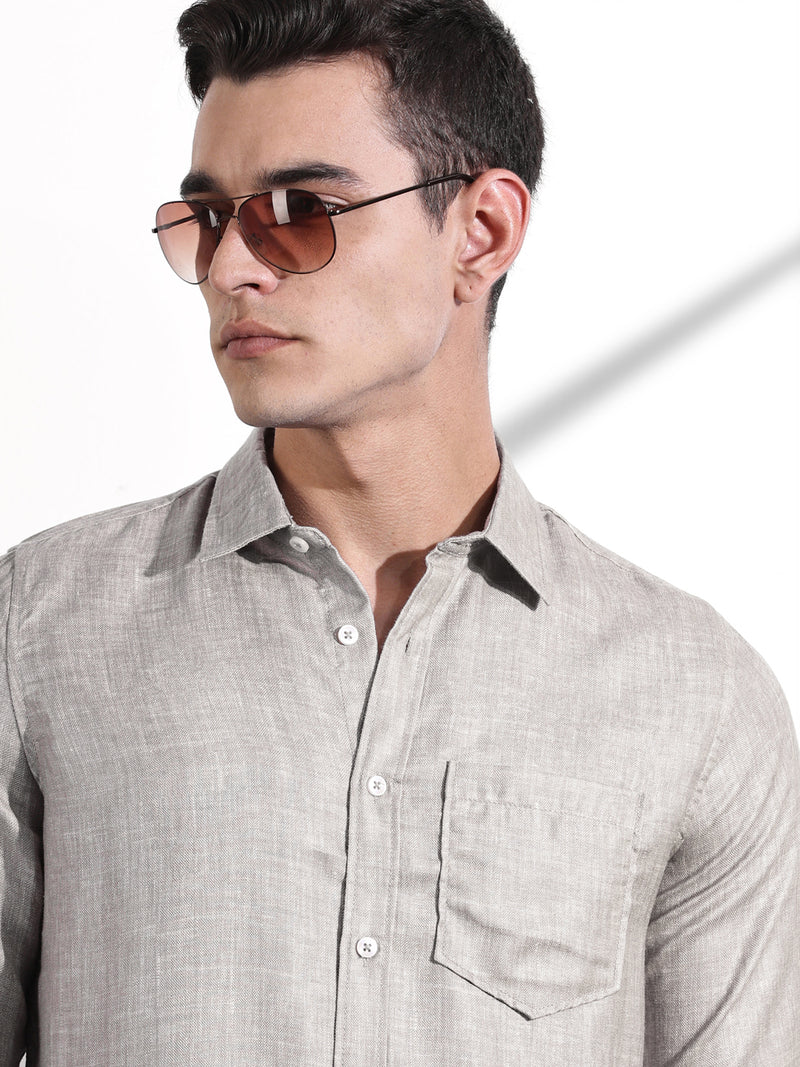 Thomas Scott Men Grey Slim Fit Long Sleeves Linen Casual Shirt