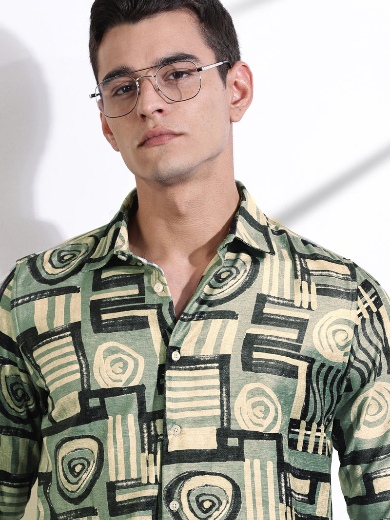 Thomas Scott Men Green Slim Fit Long Sleeves Abstract Printed Casual Shirt