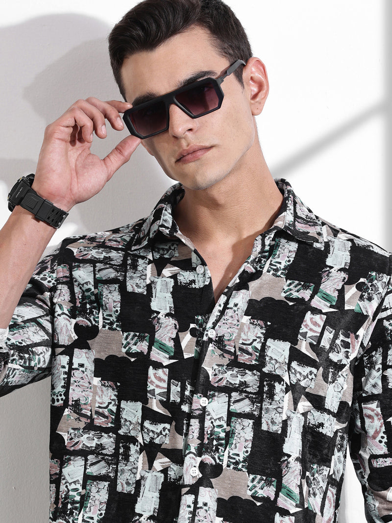 Thomas Scott Men Black Slim Fit Long Sleeves Abstract Printed Casual Shirt