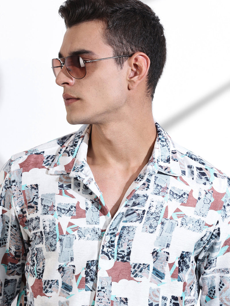 Thomas Scott Men White Slim Fit Long Sleeves Abstract Printed Casual Shirt