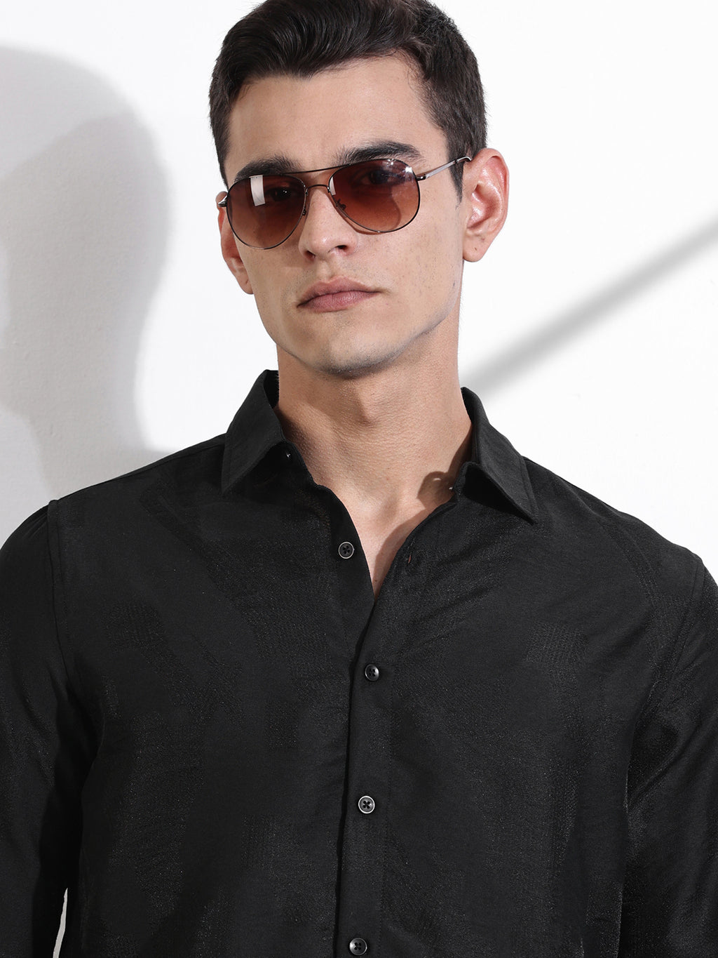 Thomas Scott Men Black Slim Fit Long Sleeves Solid Self Design Casual Shirt