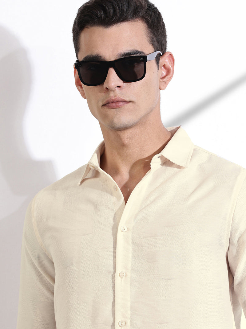Thomas Scott Men Cream Slim Fit Long Sleeves Solid Self Design Casual Shirt
