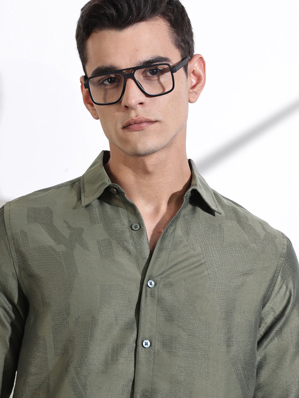 Thomas Scott Men Olive Slim Fit Long Sleeves Solid Self Design Casual Shirt