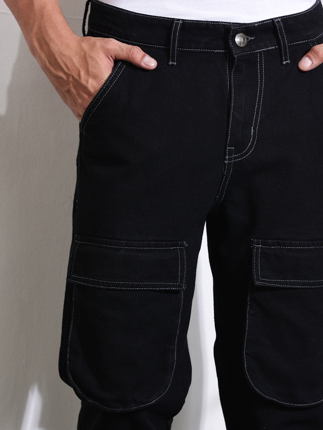 Thomas Scott Men Black Relaxed Fit Cargo Style Cotton Jeans