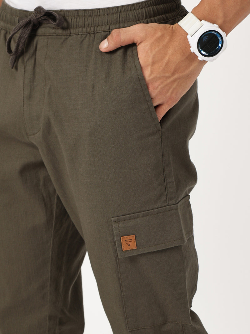 Thomas Scott Men Olive Mid-Rise Straight Fit Cotton Linen Woven Cargos Trouser
