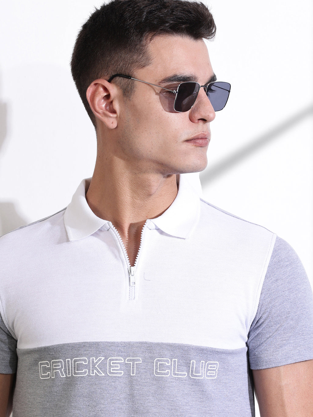 Grey Melange Colourblocked Polo Collar Cotton T-shirt