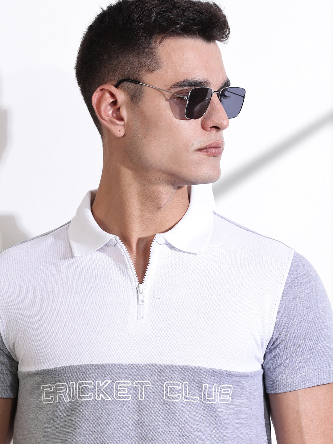 Grey Melange Colourblocked Polo Collar Cotton T-shirt