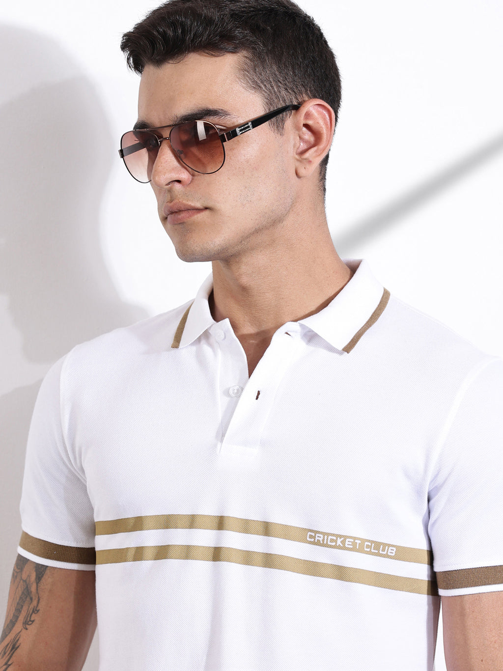 Thomas Scott Men White Striped Polo Collar Cotton T-shirt