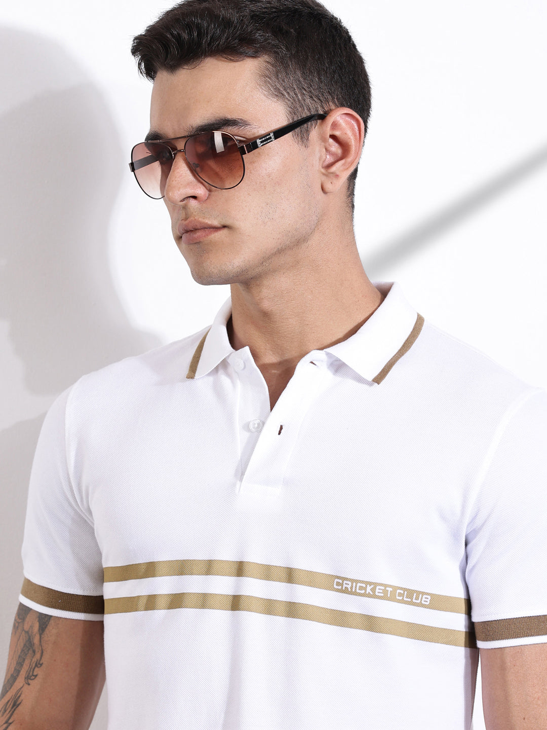 Thomas Scott Men White Striped Polo Collar Cotton T-shirt