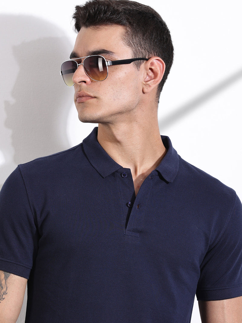 Thomas Scott Men Royal Blue Solid Polo Collar Cotton T-shirt