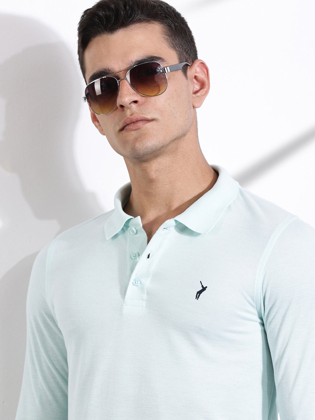 Thomas Scott Men Aqua Solid Polo Collar T-shirt
