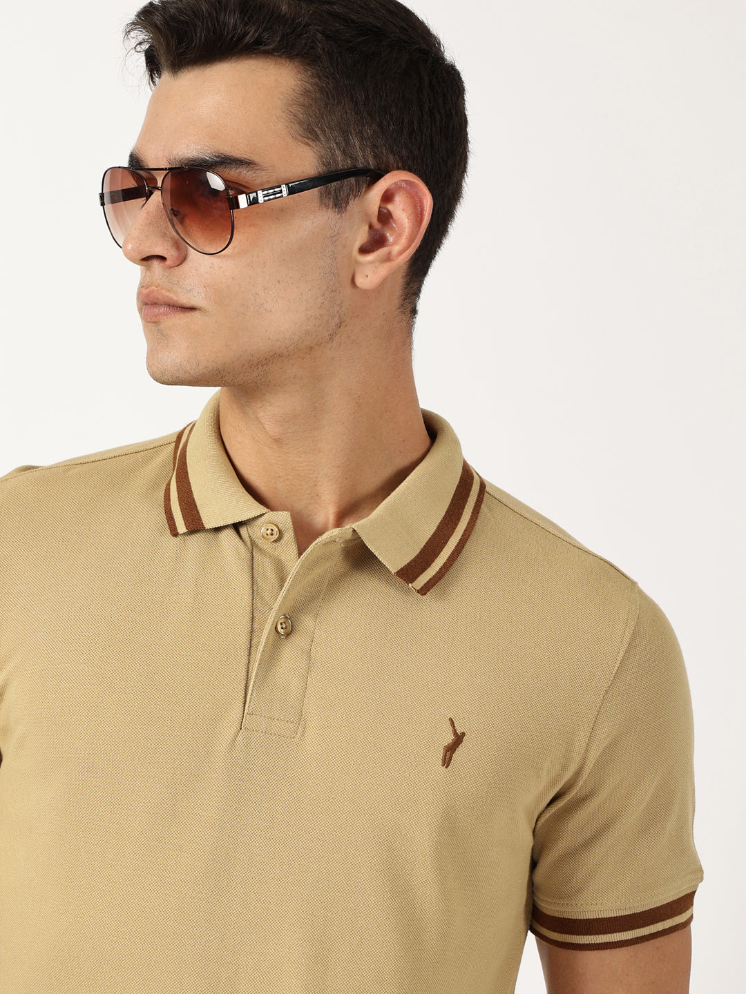 Thomas Scott Men Beige Solid Polo Collar Cotton T-shirt