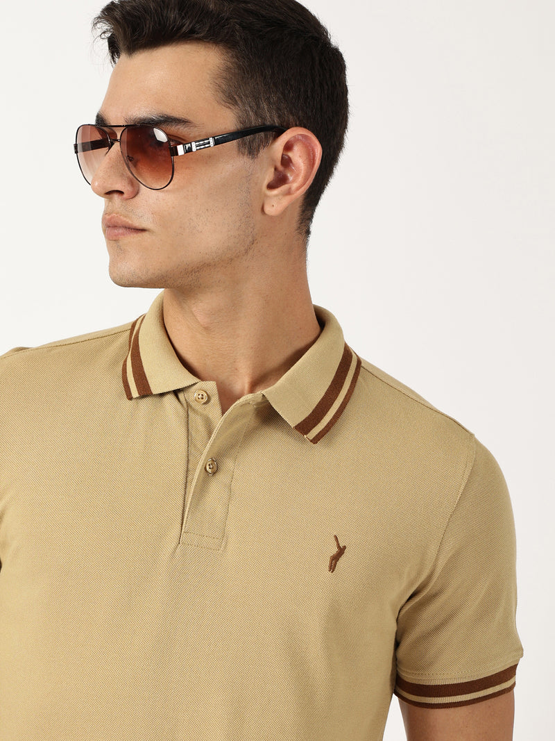 Thomas Scott Men Beige Solid Polo Collar Cotton T-shirt