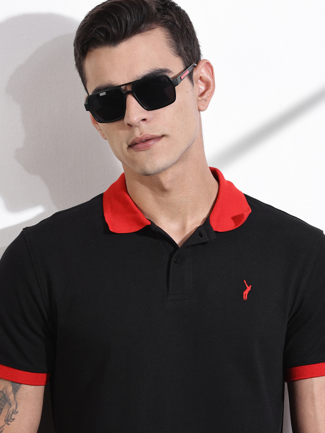 Thomas Scott Men Black Polo Collar Applique T-shirt
