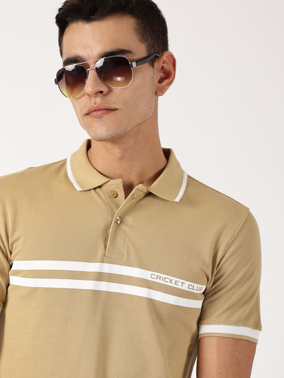 Thomas Scott Men Beige Solid Polo Collar Cotton T-shirt