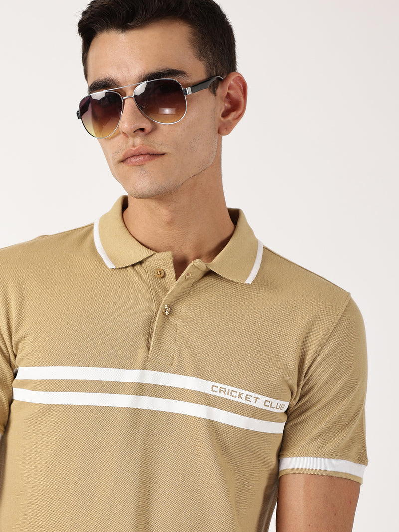 Thomas Scott Men Beige Solid Polo Collar Cotton T-shirt