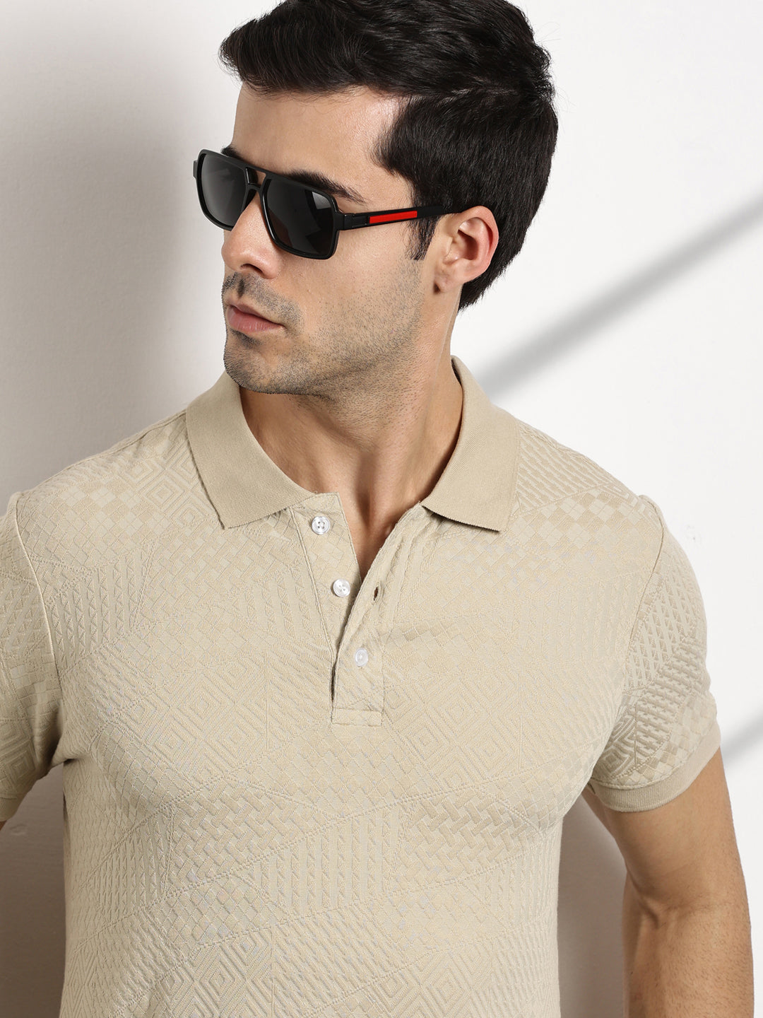 Thomas Scott Men Beige Textured Polo Collar T-shirt