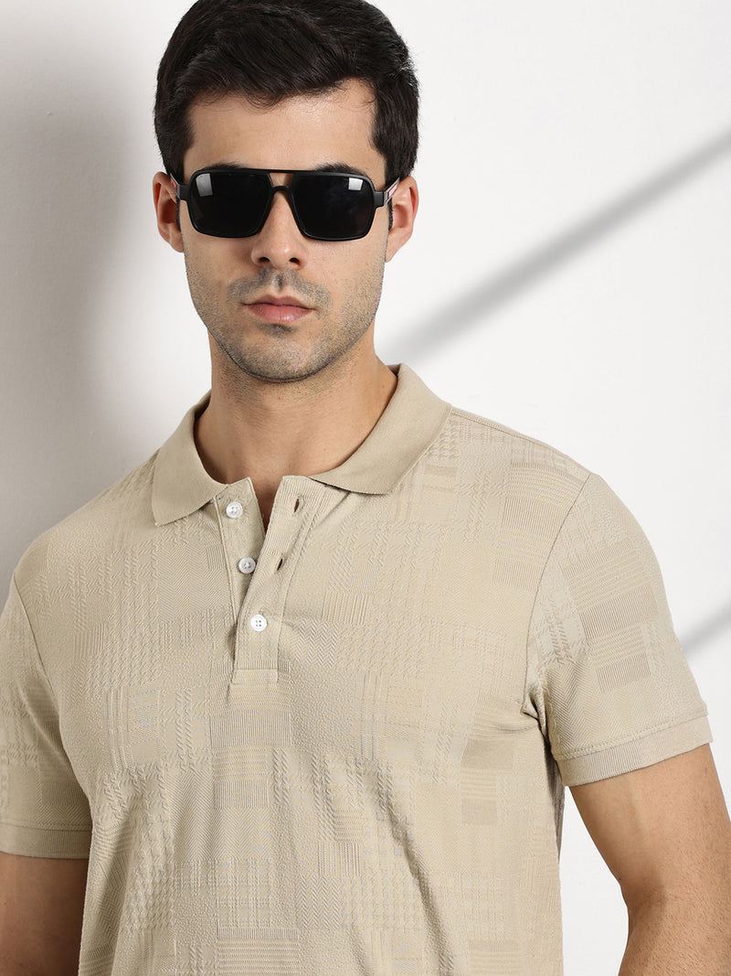 Thomas Scott Men Beige Textured Polo Collar Regular Fit T-shirt