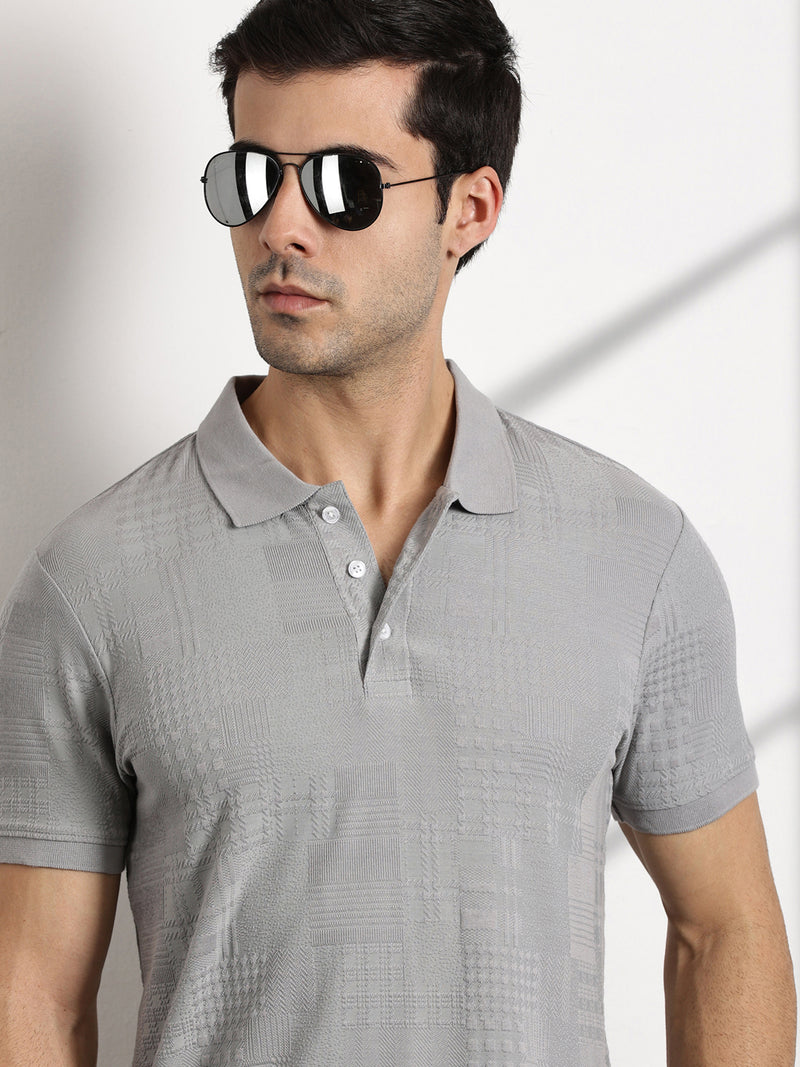 Thomas Scott Men Grey Textured Polo Collar Regular Fit T-shirt