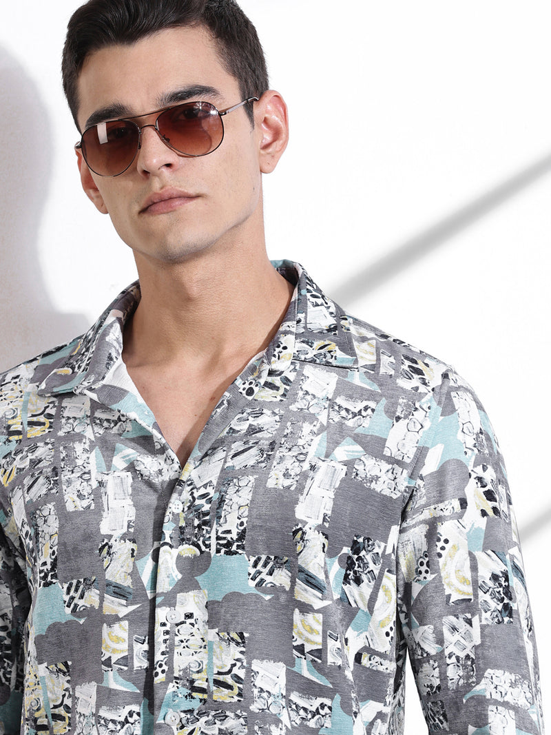 Thomas Scott Men Grey Slim Fit Long Sleeves Abstract Printed Casual Shirt
