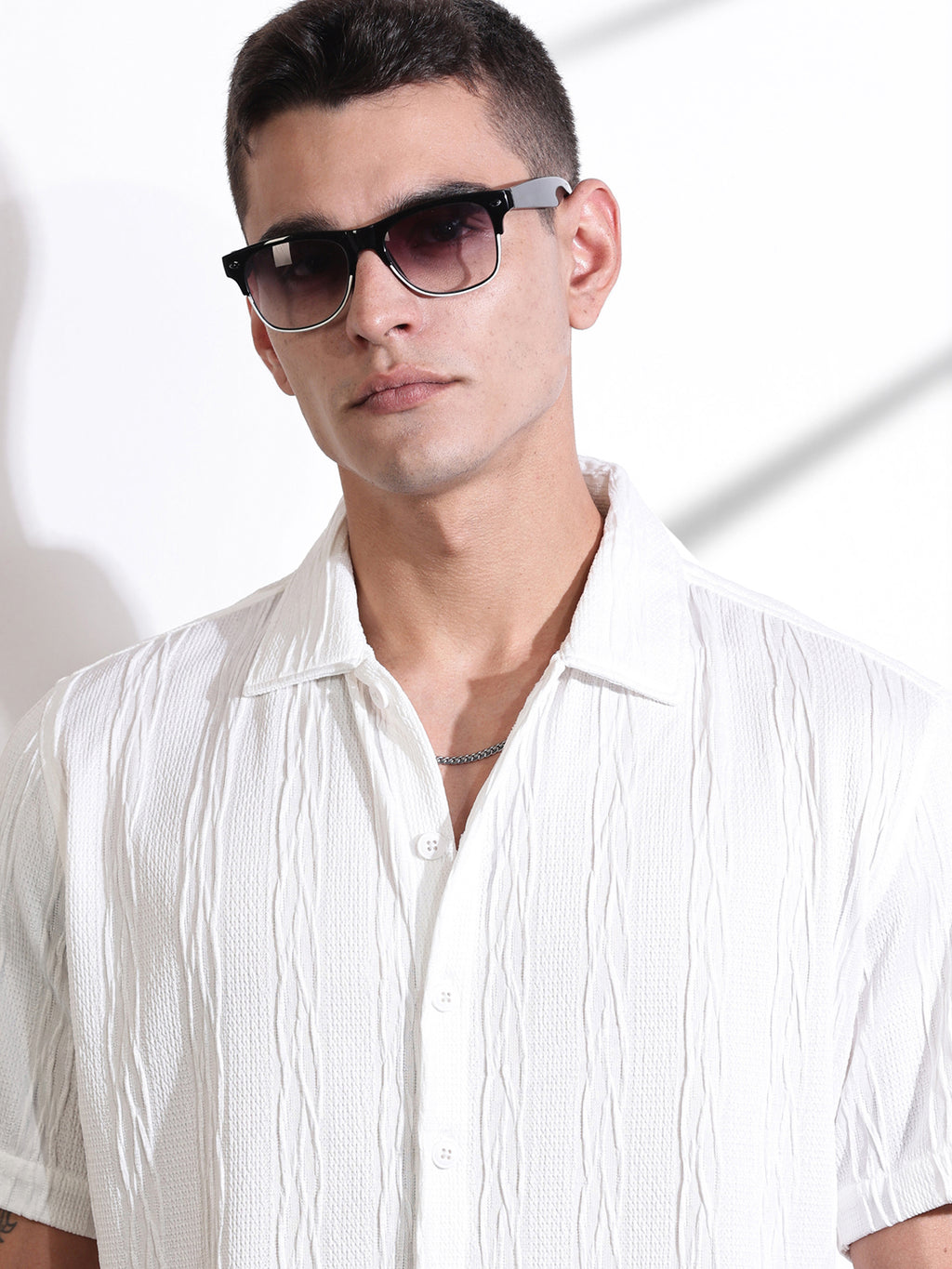 Thomas Scott Men White Oversized Textured Knitted Casual Shirt