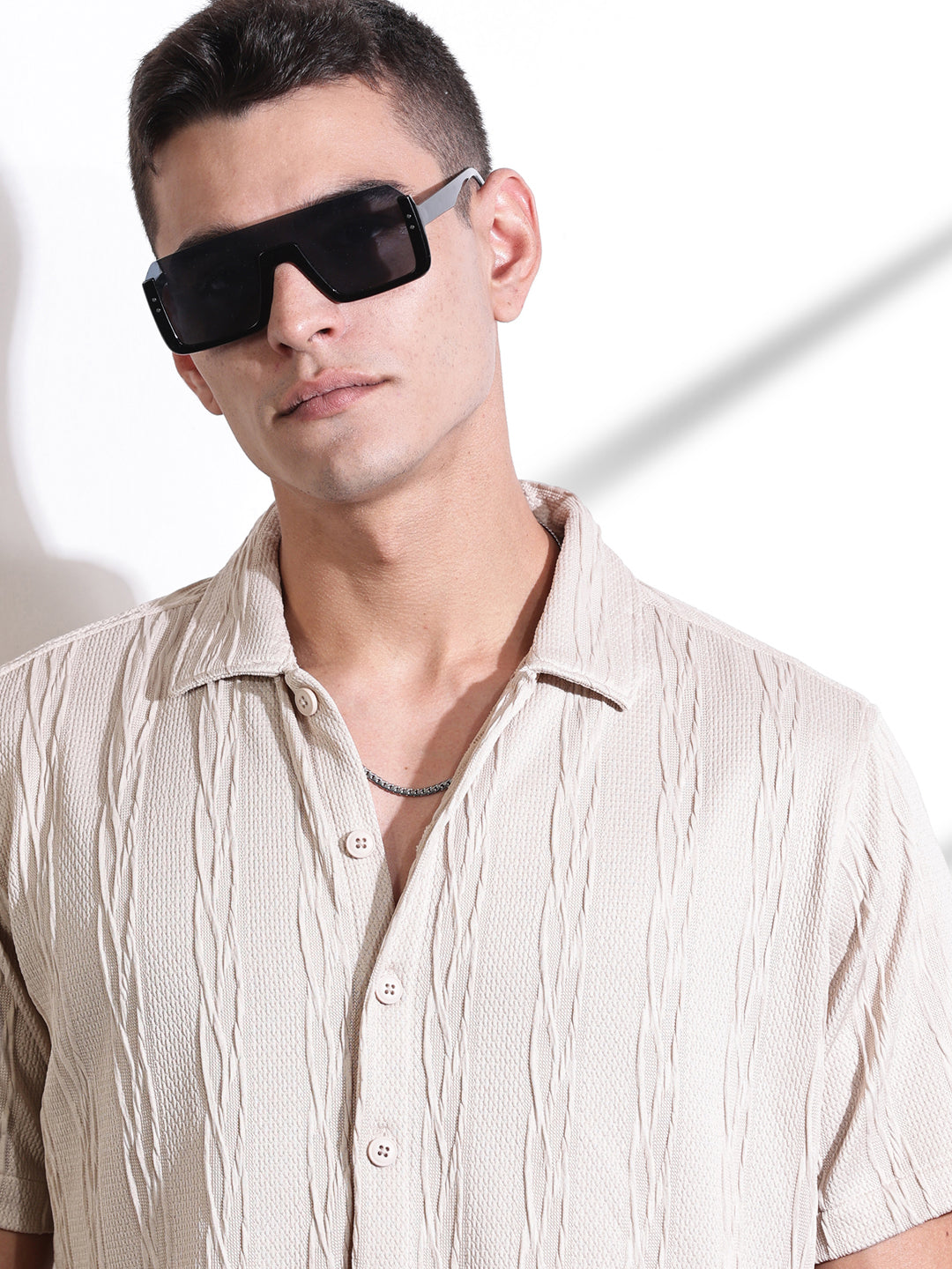 Thomas Scott Men Beige Oversized Textured Knitted Casual Shirt
