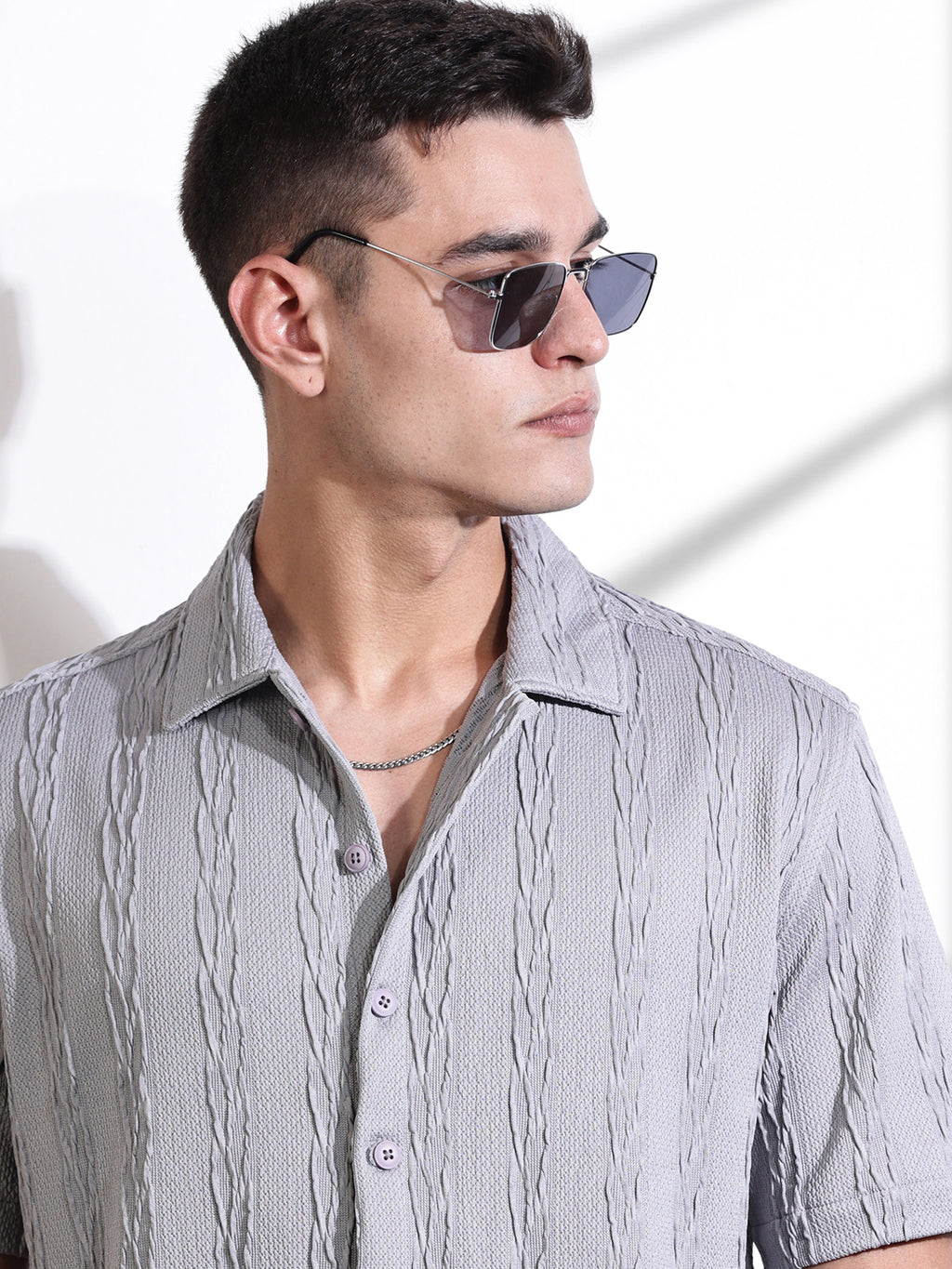 Thomas Scott Men Grey Oversized Textured Knitted Casual Shirt